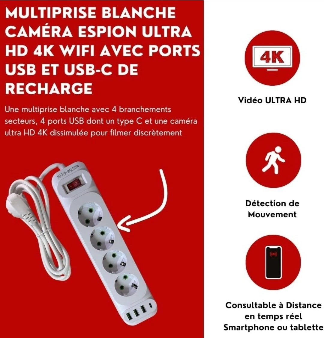 Caméra Multiprise 4k Wifi Vision En Direct Par Application Micro Intégré VTCWORLD