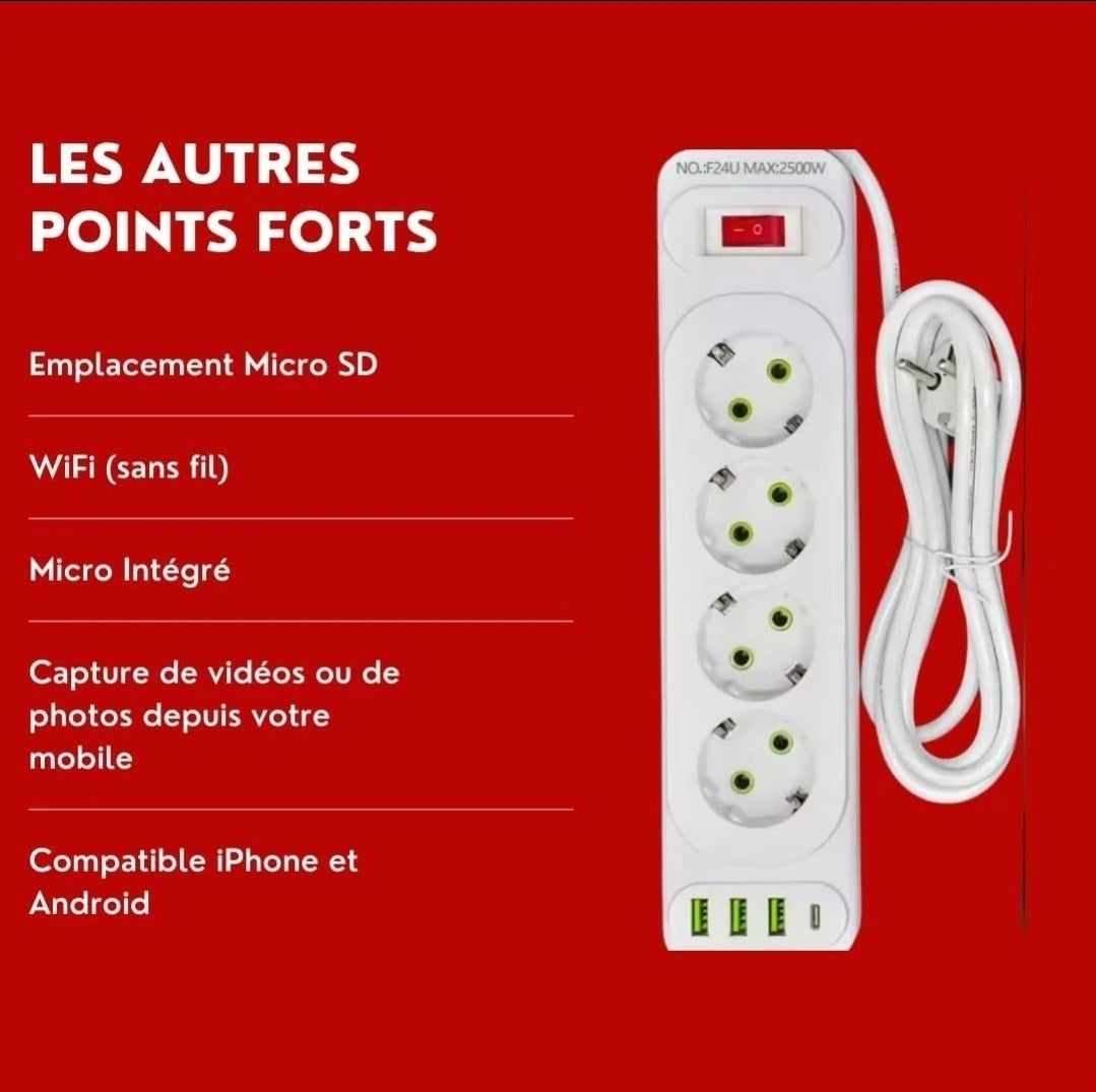 Caméra Multiprise 4k Wifi Vision En Direct Par Application Micro Intégré VTCWORLD