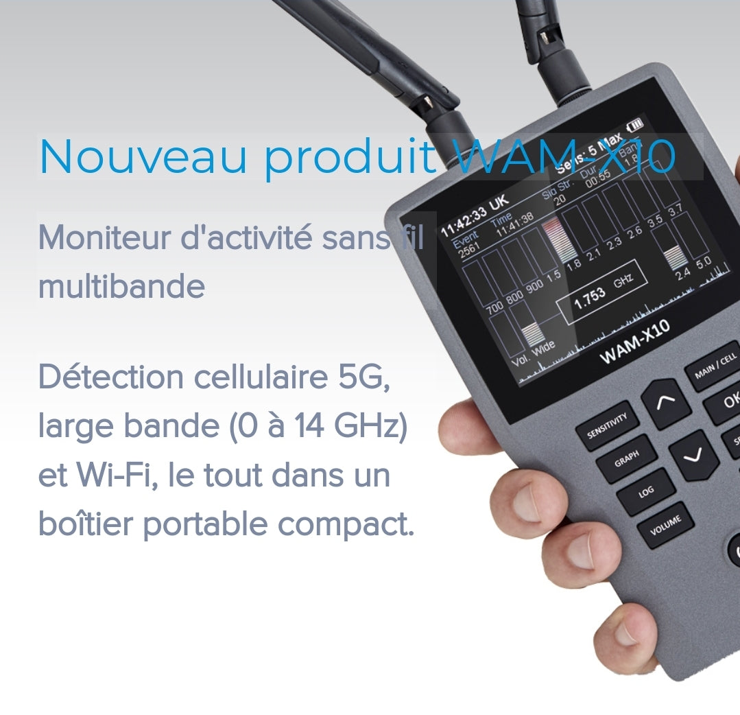 WAM-X10
Moniteur d'activité sans fil multibande
Détection cellulaire 5G, large bande (0 à 14 GHz) et Wi-Fi VTCWORLD