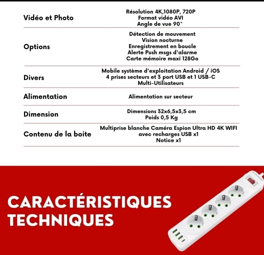 Caméra Multiprise 4k Wifi Vision En Direct Par Application Micro Intégré VTCWORLD
