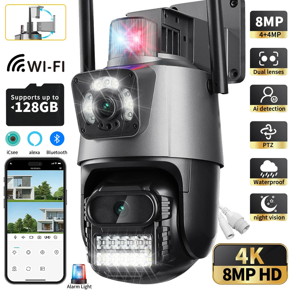 8MP 4K Wifi Camera Dual Lens Security Waterproof Security CCTV Video Surveillance Camera Police Light Alarm IP Camera - icsee VTCWORLD