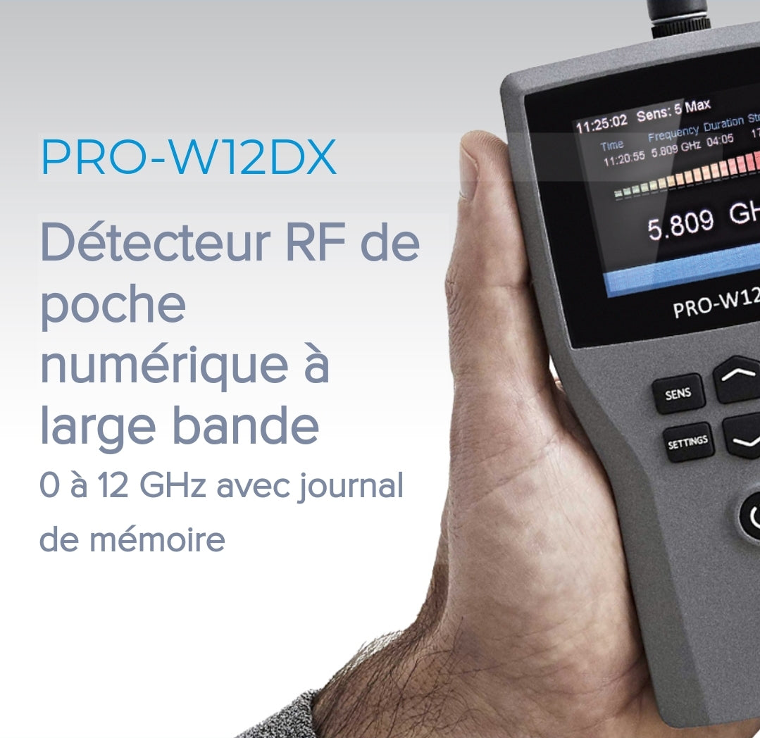 PRO-W12DX
Détecteur RF de poche numérique à large bande
0 à 12 GHz avec journal de mémoire VTCWORLD