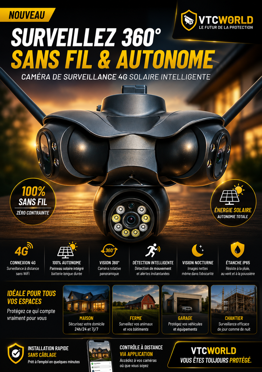 Caméra 5 Objectif 360° WiFi 4G Connectée 8K Ultra HD 25MP